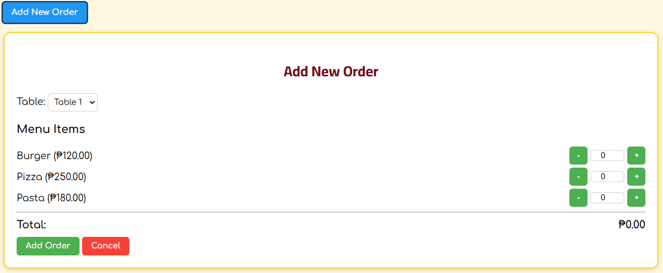 Add Order - Cashier 